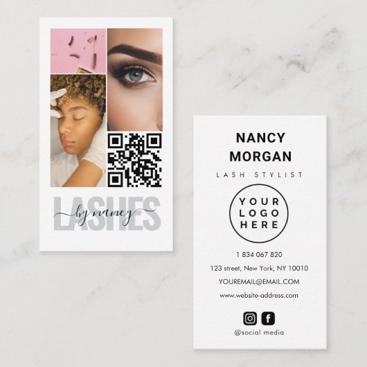Wimpern Typografie 3 Foto Collage Qr Code Logo Visitenkarte (Vorne/Hinten)