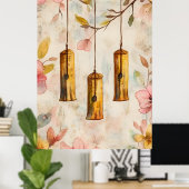 Wind chimes suspended from a flowering branch.  poster (Heimbüro)