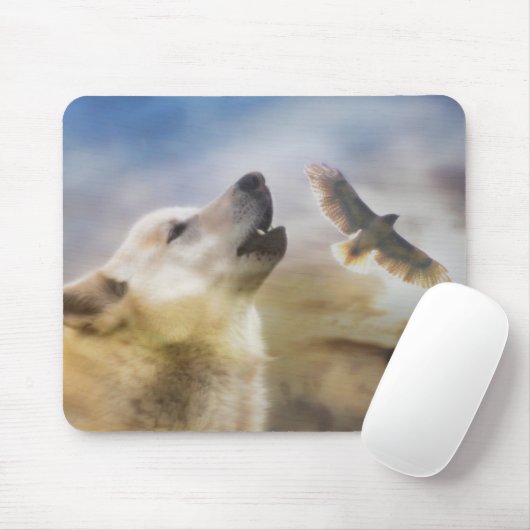 "Wind Talker" Wolf und Redtail Hawk Mousepad (Mit Mouse)