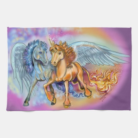 Wind und Flamme, Pegasus und Einhorn Geschirrtuch (Horizontal)
