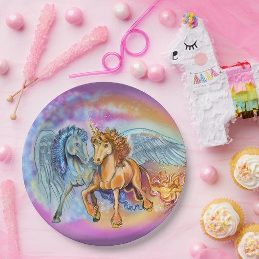 Wind und Flamme Romantischer Pegasus und Einhorn  Pappteller (Party)