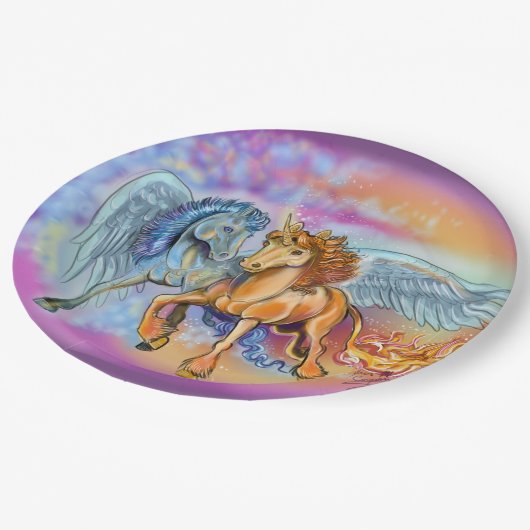 Wind und Flamme Romantischer Pegasus und Einhorn Pappteller (Schrägansicht)