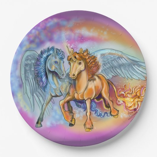 Wind und Flamme Romantischer Pegasus und Einhorn  Pappteller (Vorderseite)