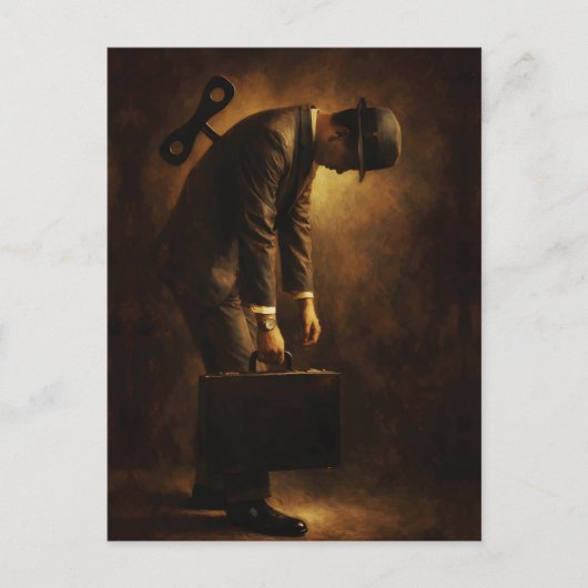Wind-Up Office Man Surreal Routine Grind Oil Paint Postkarte (Vorderseite)