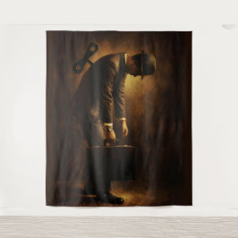 Wind-Up Office Man Surreal Routine Grind Oil Paint Wandteppich