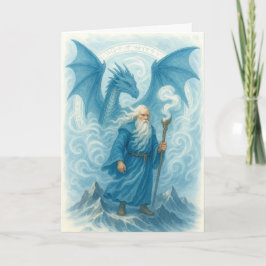 Wind Wizard und Dragon in Blue Watercolor Fantasy Karte