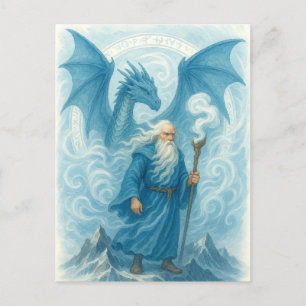 Wind Wizard und Dragon in Blue Watercolor Fantasy Postkarte