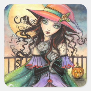 Winde von Halloween Hexen-Tabby-Katze Fantasy-Kuns Quadratischer Aufkleber