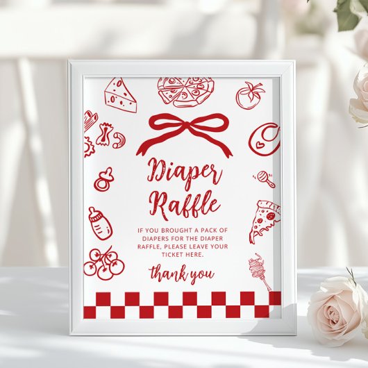 Windel-Raffle Whimsical Red Bow Pizza Baby Shower Poster