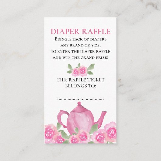 Windeln Raffle Pink Floral Teekanne Babydusche Begleitkarte (Vorderseite)