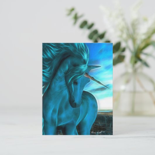 Windgekehrte Unicorn in Azurblau Postkarte (Stehend Vorderseite)