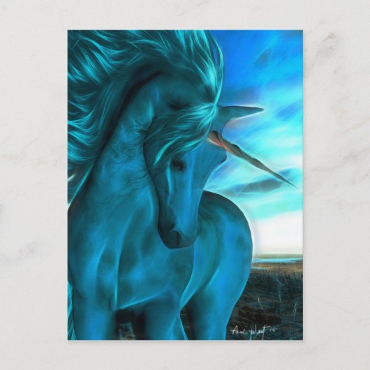 Windgekehrte Unicorn in Azurblau Postkarte (Vorderseite)