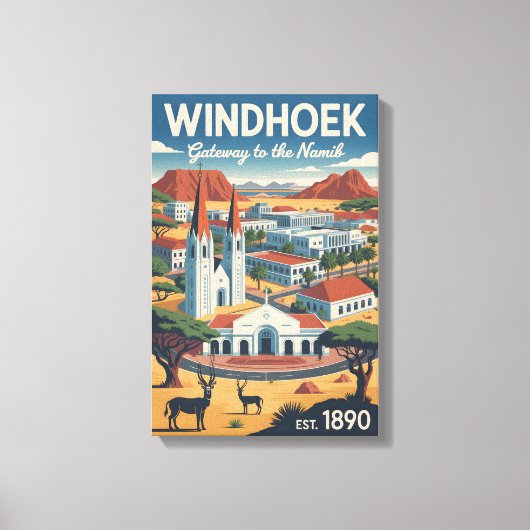 Windhoek Namibia Retro-Reiseposter-Kunst Leinwanddruck (Vorderseite)