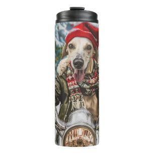 Windhund auf Motorrad zu Weihnachten Thermosbecher