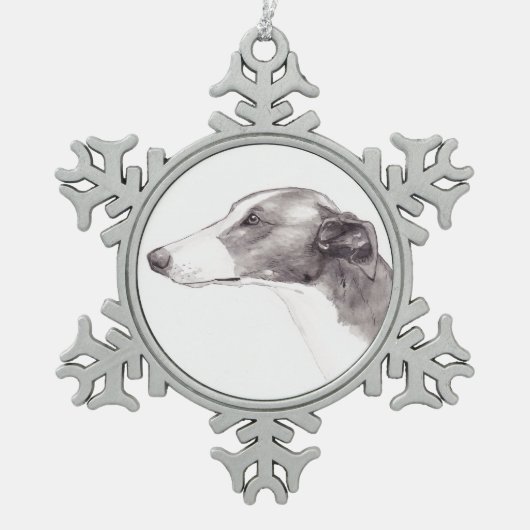 Windhund-Hundekunst-Schneeflocke-Verzierung Schneeflocken Zinn-Ornament (Vorderseite)
