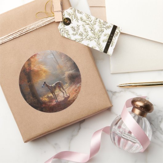 Windhund im Herbst Leaves Fall Inspiriert Runder Aufkleber (Schenken)