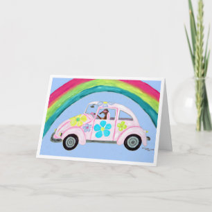 Windhund im Hippie-Auto mit Regenbogen Karte