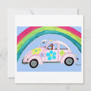 Windhund in Hippie-Auto mit Regenbogen Karte