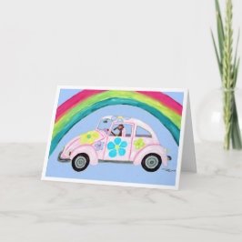 Windhund in Hippie-Auto mit Regenbogen Karte