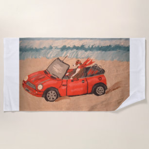 Windhund in rotem Auto am Strand Strandtuch