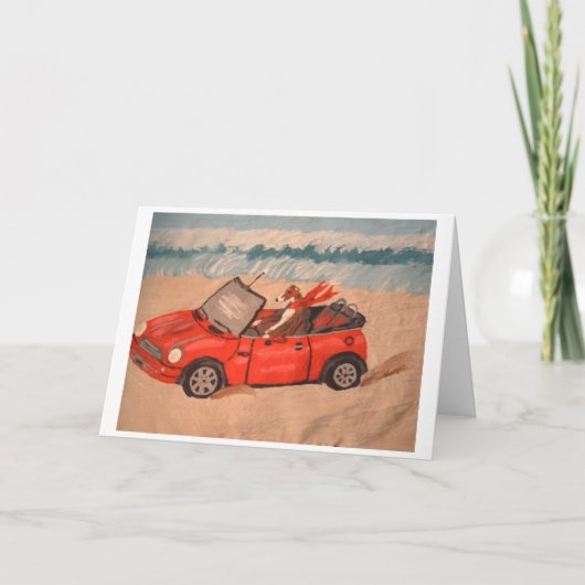 Windhund in rotem Cabrio am Strand Karte (Vorderseite)