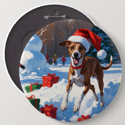 Windhund läuft im Schnee mit Weihnachtsmütze Button (Vorne & Hinten)