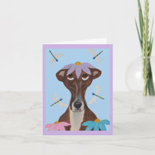 Windhund mit einer Blume auf dem Kopf und Libellen Einladung