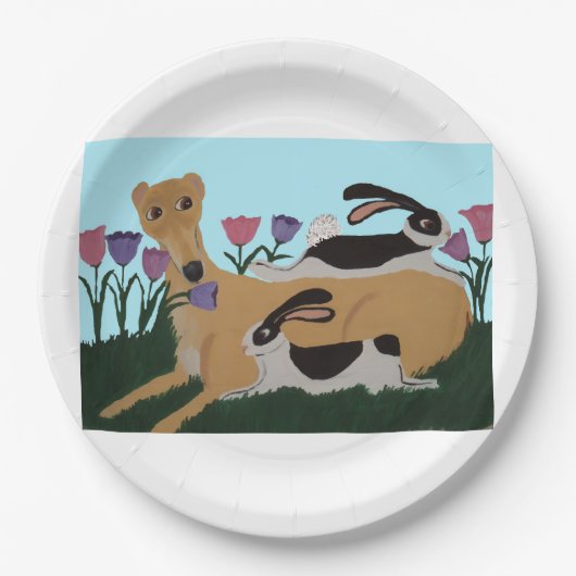 Windhund mit Kaninchen Pappteller (Vorderseite)
