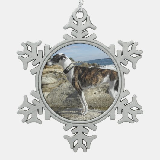 Windhund Schneeflocken Zinn-Ornament (Vorderseite)