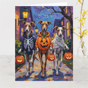 Windhunde beim Süßigkeitenbetteln in Halloween-Kos Karte