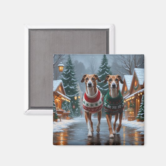 Windhunde Weihnachten Schnee Urlaub Magnet (Vorderseite/Rückseite)