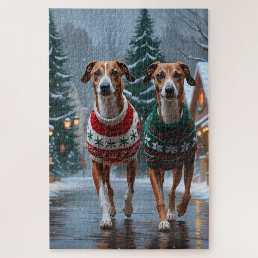 Windhunde Weihnachten Schnee Urlaub Puzzle (Vertikal)
