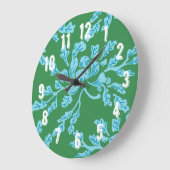 Winding Peony Woodcut in Green and Aqua Große Wanduhr (Winkel)