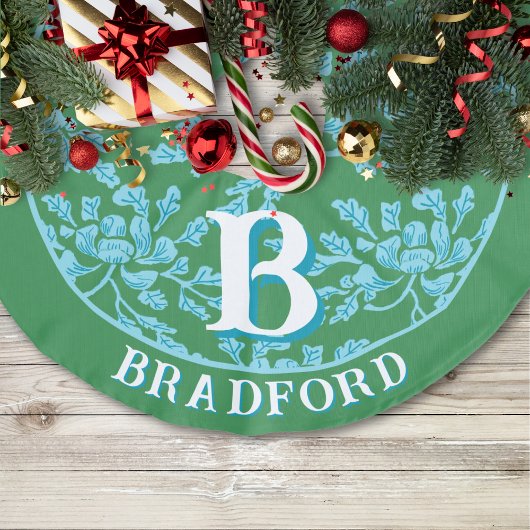 Winding Peony Woodcut in Green + Aqua Personalized Leinenimitat Weihnachtsbaumdecke