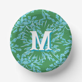 Winding Peony Woodcut in Green + Aqua Personalized Pappteller