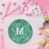 Winding Peony Woodcut in Green + Aqua Personalized Pappteller (Party)