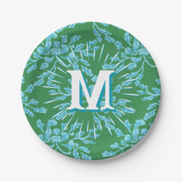 Winding Peony Woodcut in Green + Aqua Personalized Pappteller