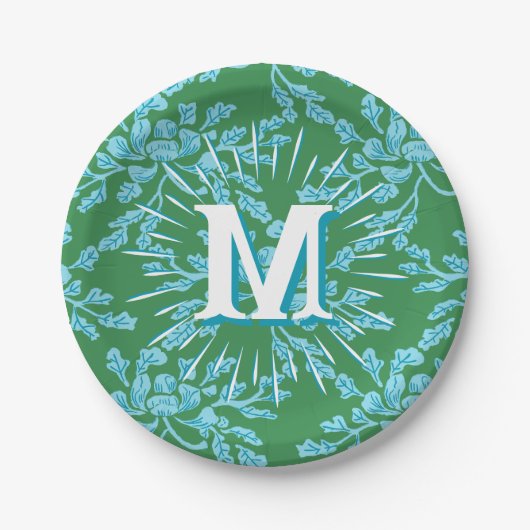 Winding Peony Woodcut in Green + Aqua Personalized Pappteller (Vorderseite)