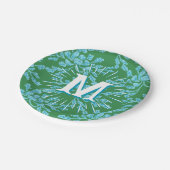 Winding Peony Woodcut in Green + Aqua Personalized Pappteller (Schrägansicht)