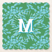 Winding Peony Woodcut in Green + Aqua Personalized Untersetzer (Vorderseite)