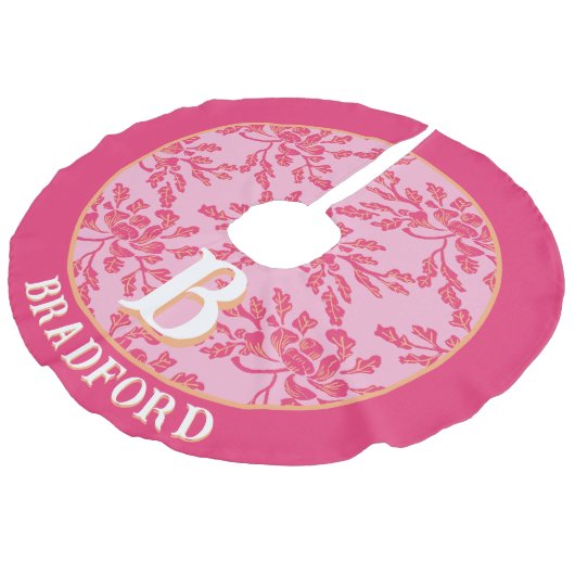 Winding Peony Woodcut Pink + Orange Personalized Leinenimitat Weihnachtsbaumdecke (Schrägansicht)