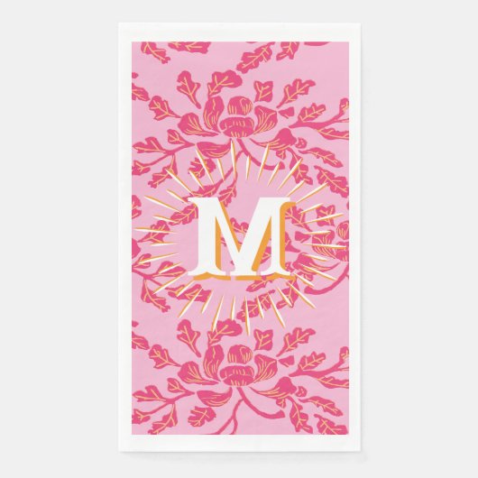 Winding Peony Woodcut Pink + Orange Personalized Serviette (Vorderseite)