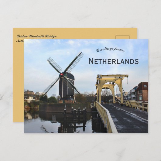 Windmill and Leiden Windmill Bridge Netherlands Postkarte (Vorne/Hinten)