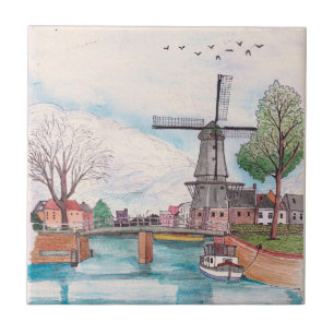 Windmill De Adriaan Haarlem Niederlande Watercolor Fliese