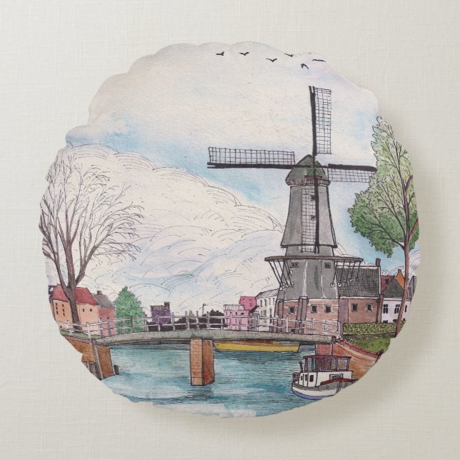 Windmill De Adriaan Haarlem Niederlande Watercolor Rundes Kissen (Vorderseite)