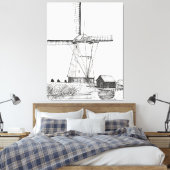 Windmill Netherlands Pen and Ink Illustration Leinwanddruck (Insitu (Schlafzimmer))