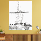 Windmill Netherlands Pen and Ink Illustration Leinwanddruck (Insitu (Wohnzimmer))