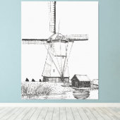 Windmill Netherlands Pen and Ink Illustration Leinwanddruck (Insitu (Holzboden))
