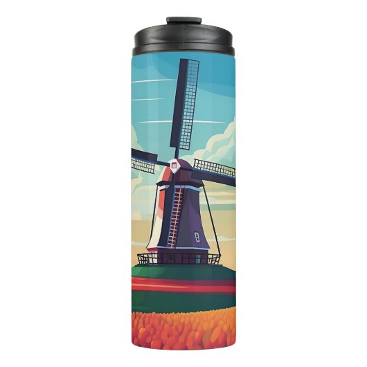 Windmill Tulip Field Netherlands Illustration Thermosbecher (Vorderseite)