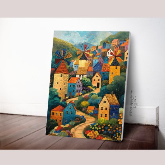 Windmill Village Folk Art Ölgemälde Poster